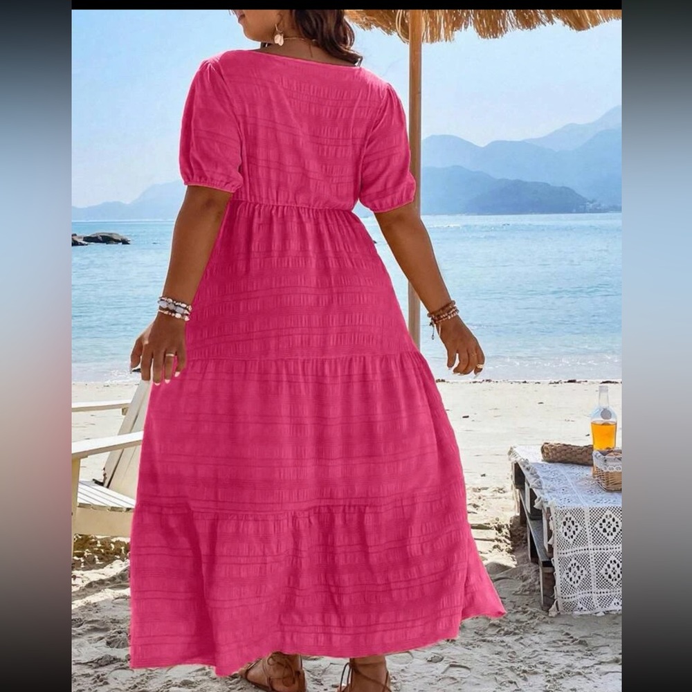 Boho plus size comfy square neck puff sleeve ruffle hem maxi dress - Picture 10 of 16